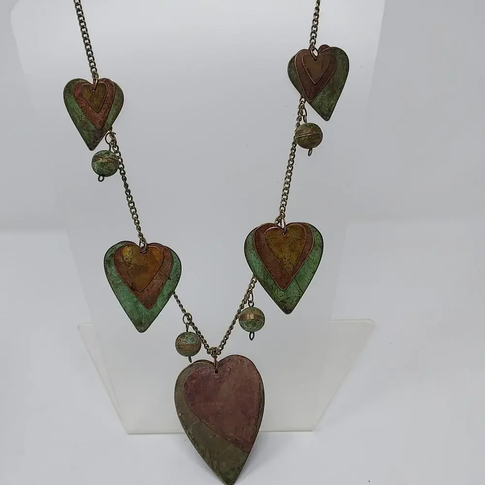 Vintage Artisan Copper Brass Verdigris Heart Ball Necklace Large Statement Piece